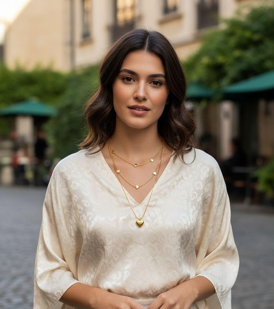 COLLIER EN ACIER DORE DOUBLE MAILLE AVEC COEURS