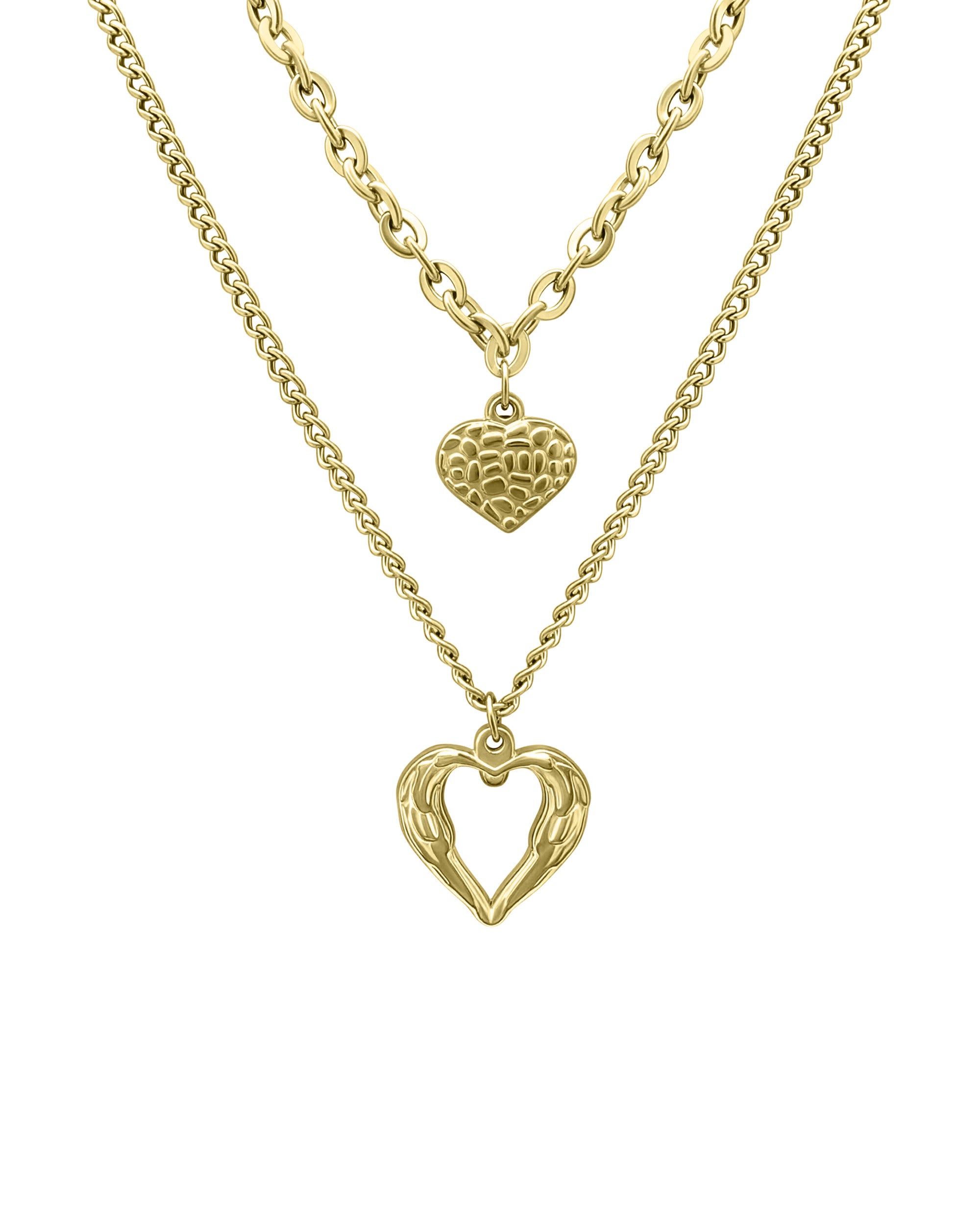 COLLIER EN ACIER DORE DOUBLE MAILLE AVEC PENDENTIF CŒURS