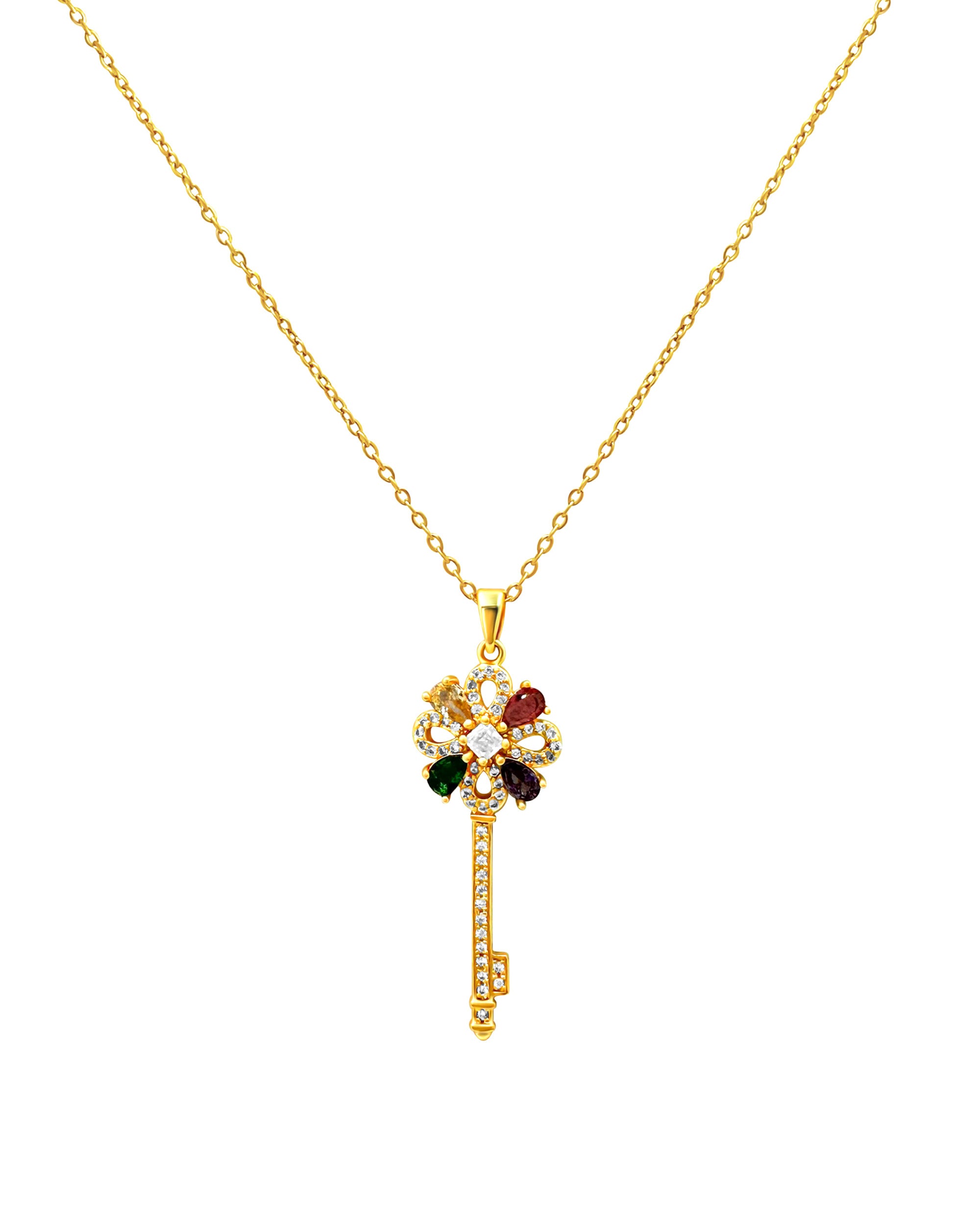 COLLIER EN ACIER DORE PENDENTIF CLE AVEC PIERRES MULTI COULEUR