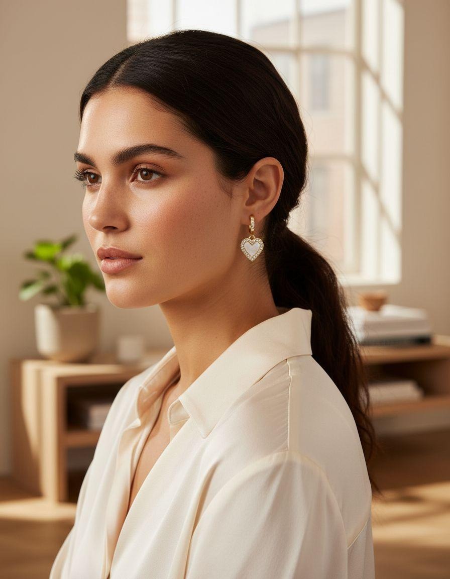 CREOLES EN ACIER DORE AVEC COEUR STRASS ET NACRE