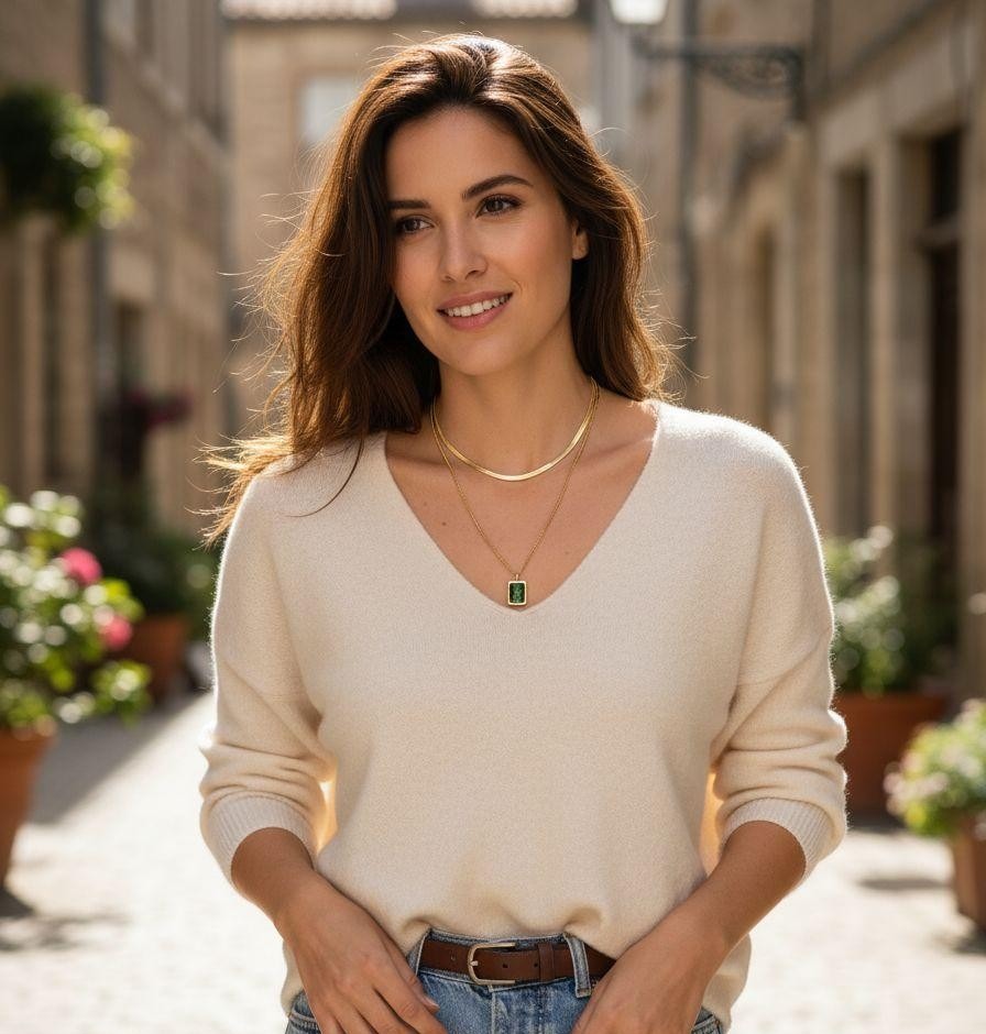 VERGULDE STALEN DUBBELE KETTING MET EMERALD SOLITAIRE HANGER