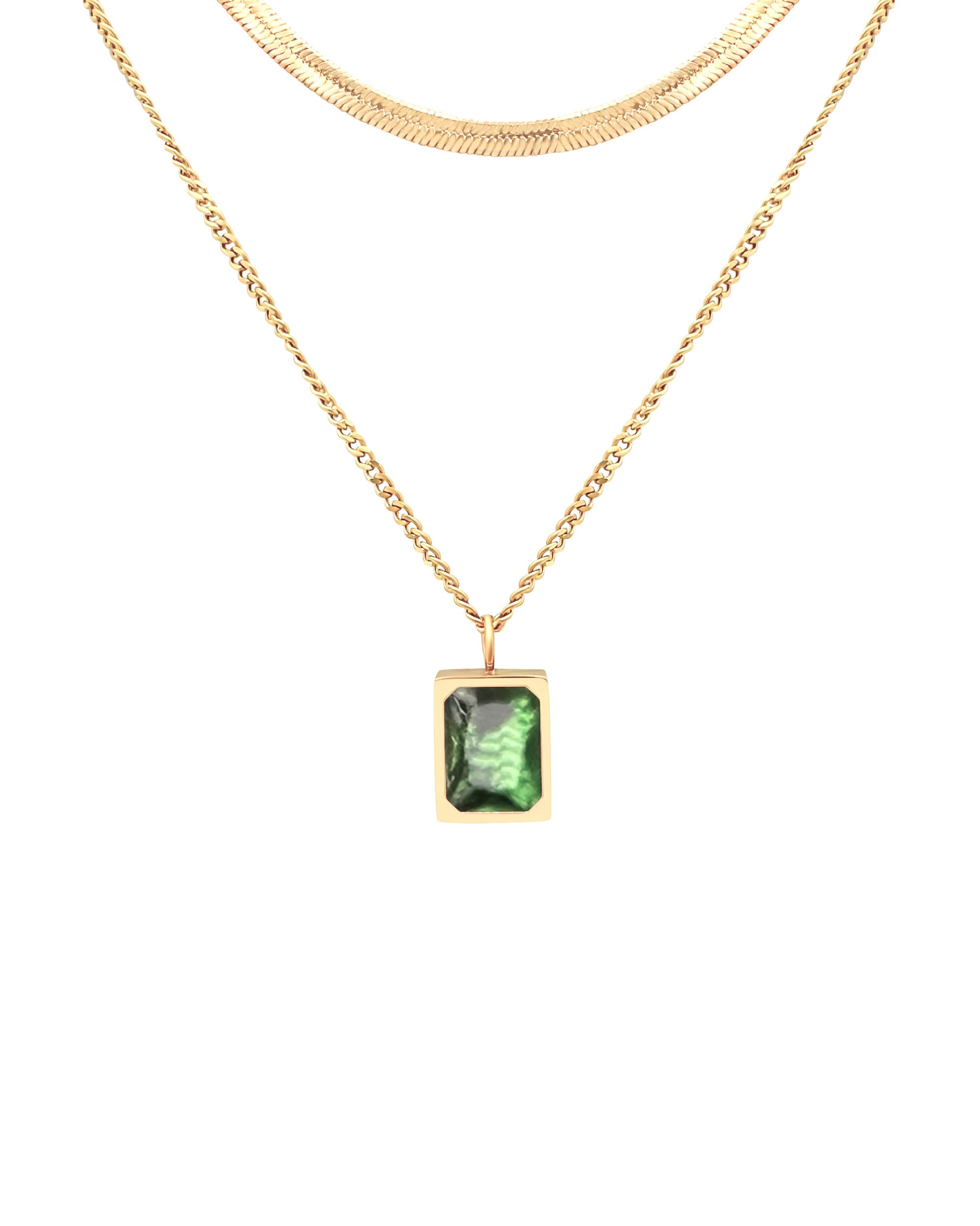 VERGULDE STALEN DUBBELE KETTING MET EMERALD SOLITAIRE HANGER