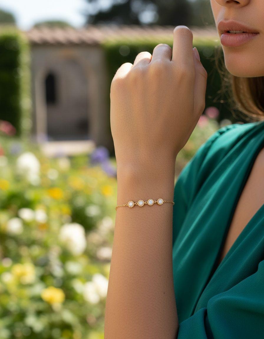 BRACELET EN ACIER DORE AVEC CERCLES ET ZIRCONIUM