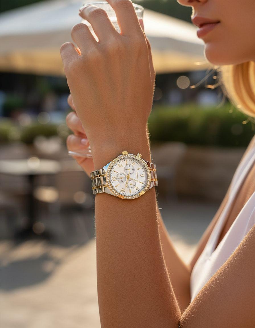 Montre Venizi bicolore cadran argenté et doré avec strass