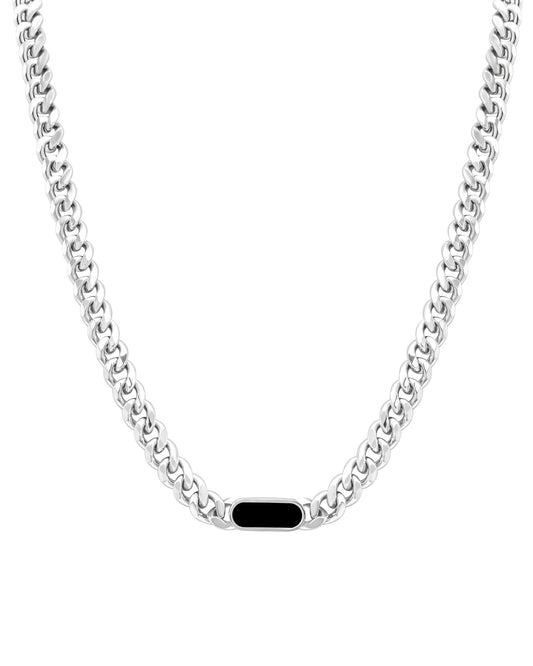 Steel gourmette link necklace with black oval