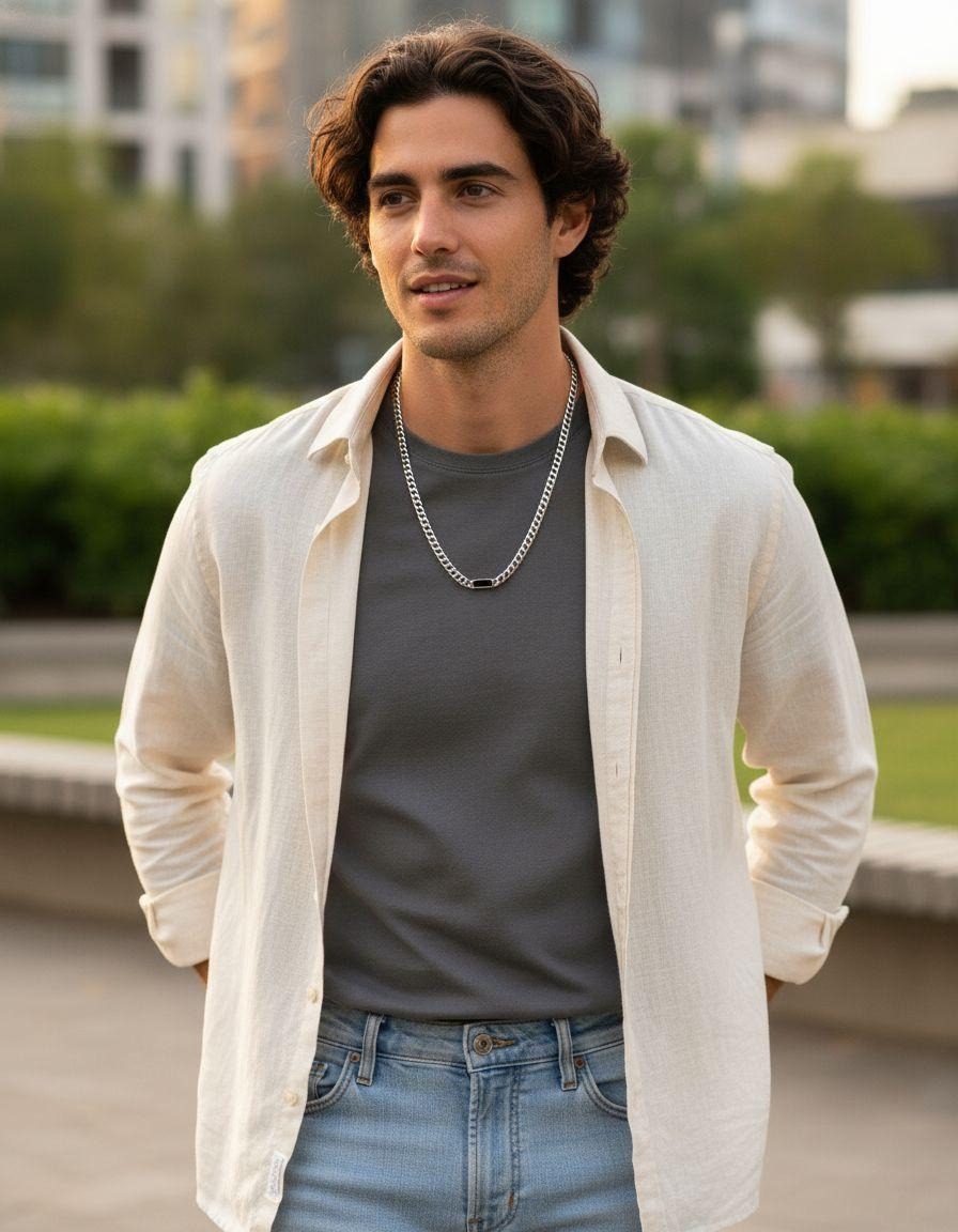 COLLIER EN ACIER MAILLE GOURMETTE AVEC OVALE NOIR