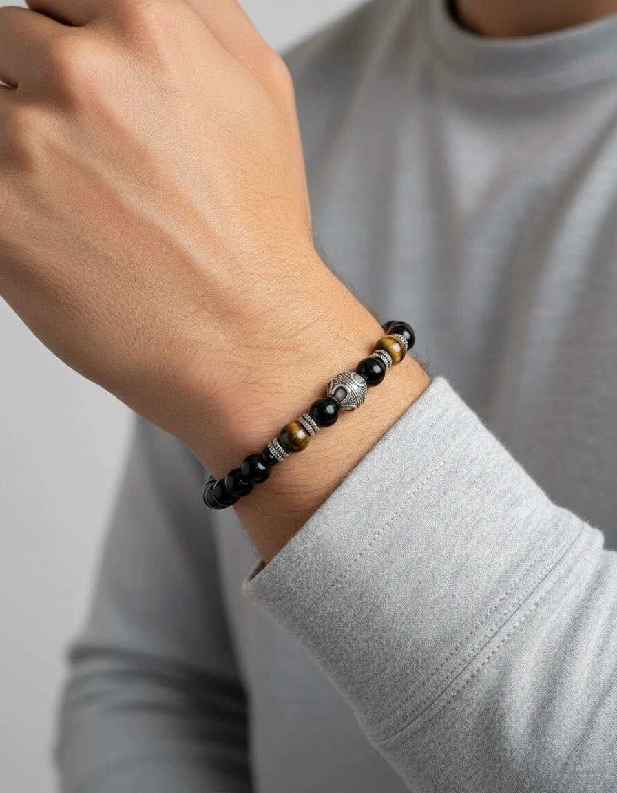 BRACELET PIERRES OEIL DE TIGRE NOIR ET ACIER