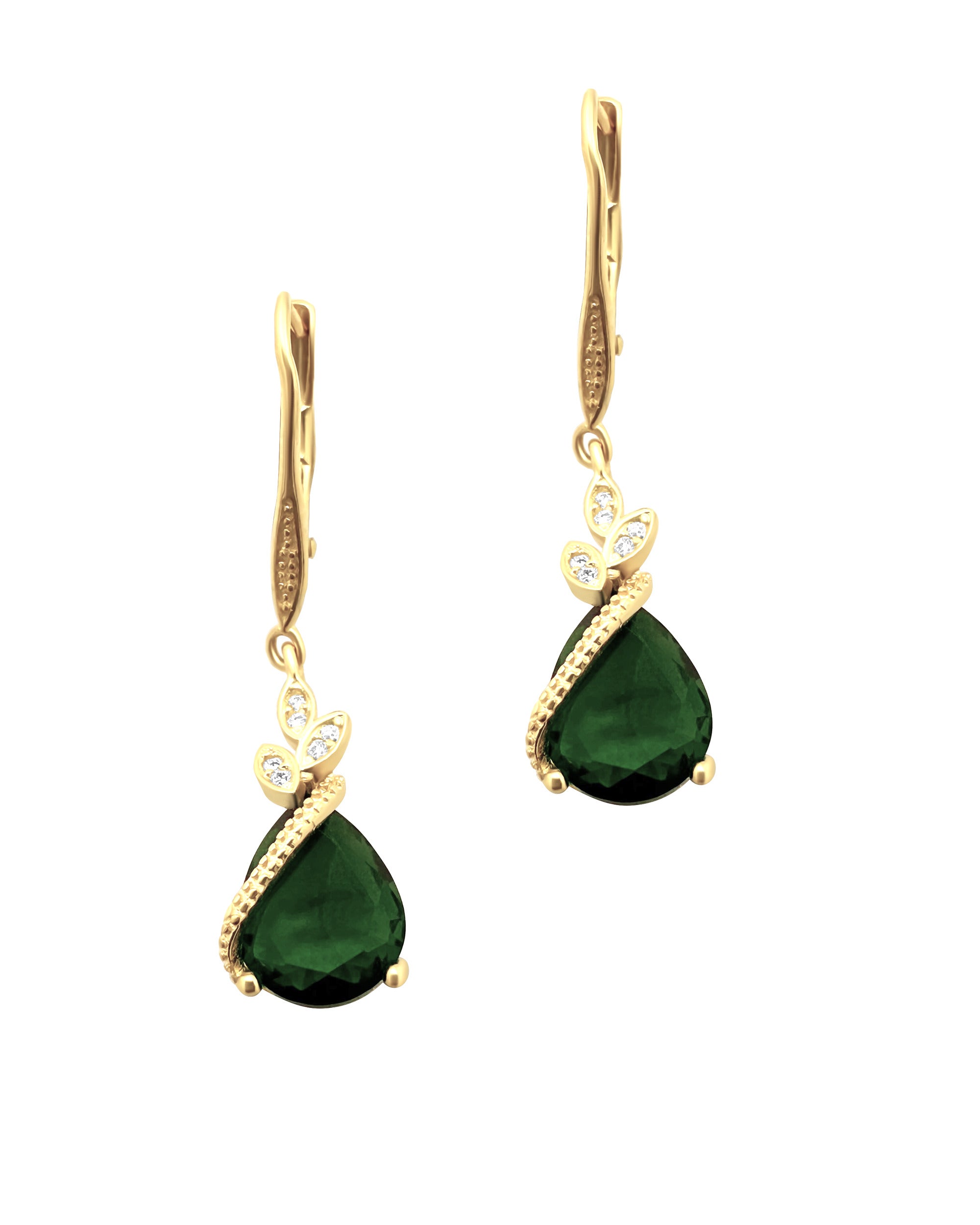 DORMEUSE EN ARGENT DORE AVEC GOUTTE EMERAUDE ET ZIRCONIUM