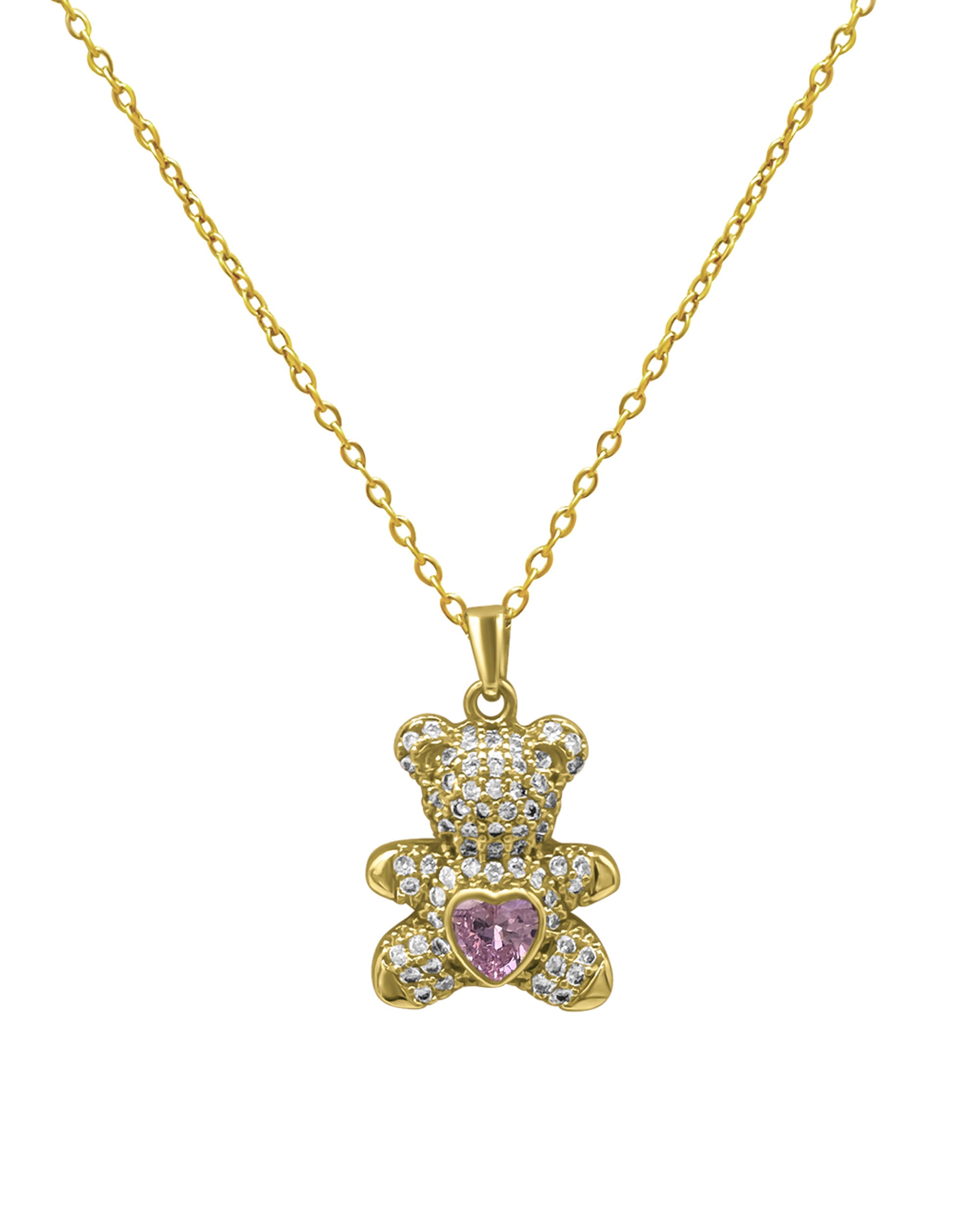 COLLIER EN ACIER DORE NOUNOURS AVEC COEUR CENTRAL ROSE EN ZIRCONIUM