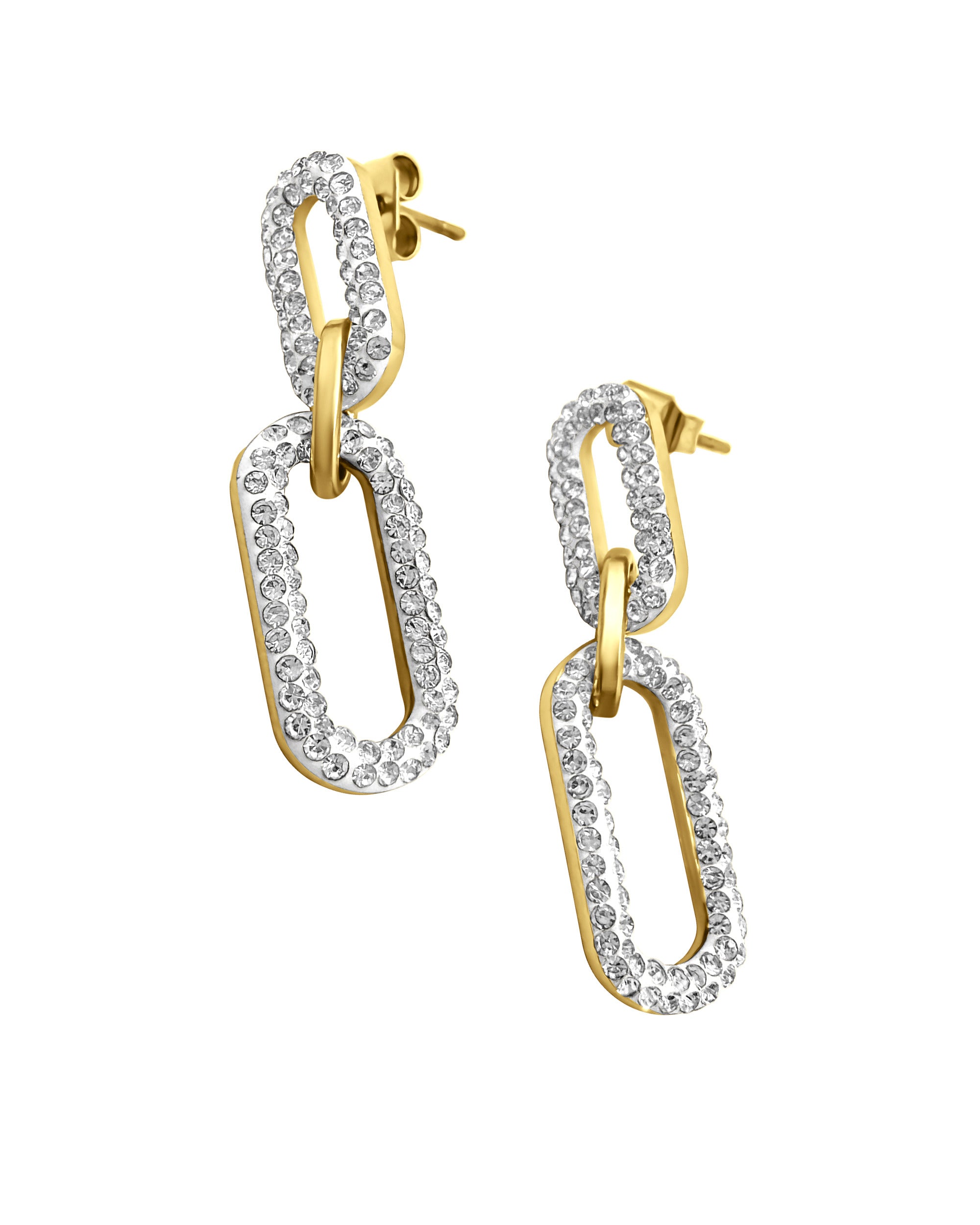 BOUCLES D'OREILLES EN ACIER DORE DOUBLE RECTANGLES ARRONDIS AVEC STRASS