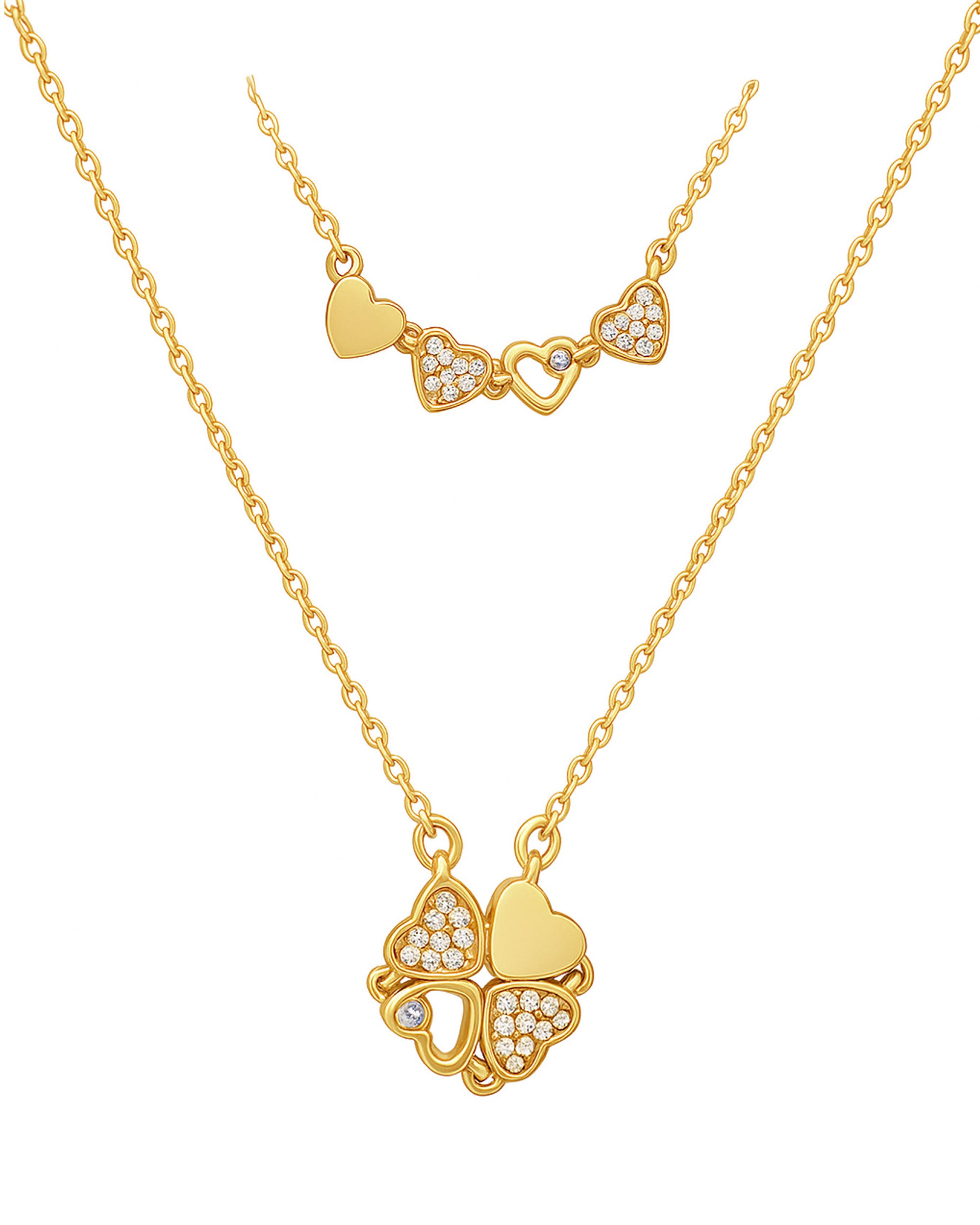 COLLIER EN ACIER DORE PENDENTIF MODIFIABLE TREFLE AVEC 4 COEURS ET ZIRCONIUM