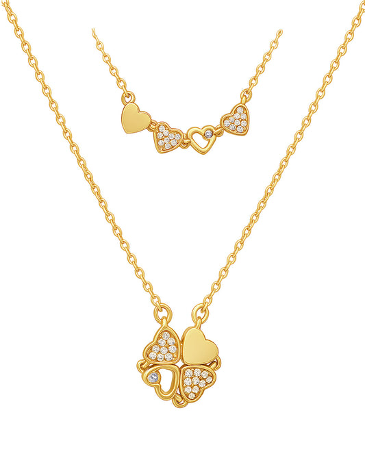 Collier en acier doré pendentif modifiable trèfle avec 4 coeurs et zirconium