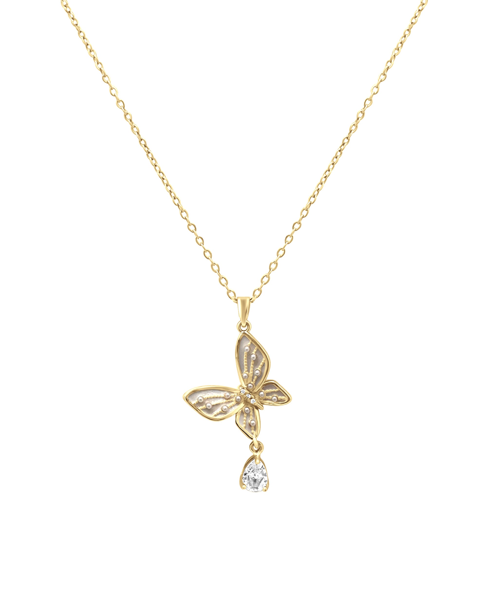 COLLIER EN ACIER DORE PAPILLON NACRE AVEC MINI PERLES ET SOLITAIRE