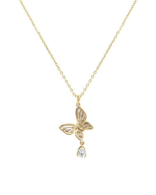 Collier en acier doré papillon nacre avec mini perles et solitaire