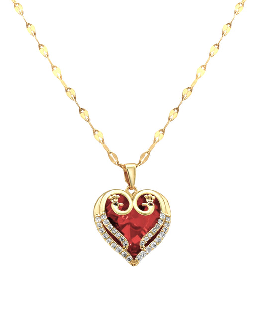 Vergulde stalen ketting met rubiën hart hanger en strass