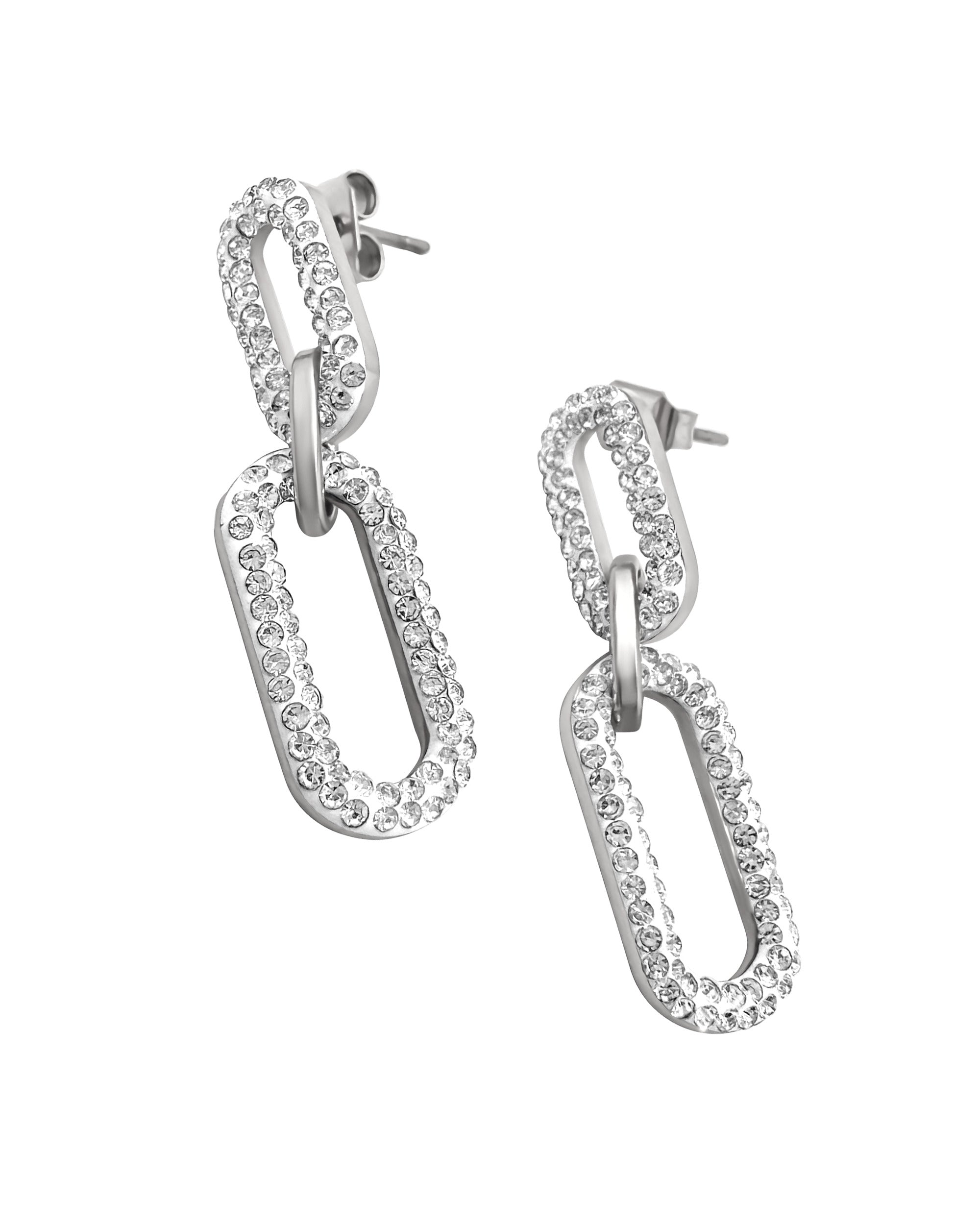 BOUCLES D'OREILLES EN ACIER DOUBLE RECTANGLES ARRONDIS AVEC STRASS