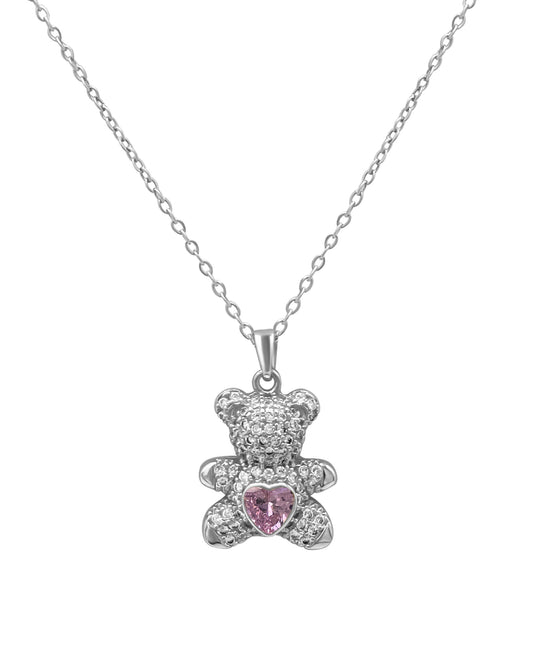 Stalen teddybeer ketting met roze zirkonium centraal hart