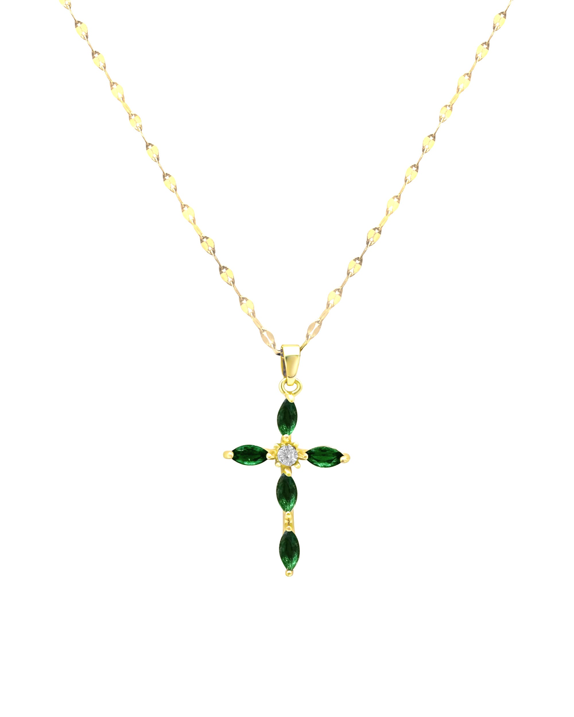 COLLIER EN ACIER DORE PENDENTIF CROIX ÉMERAUDE AVEC ZIRCONIUM