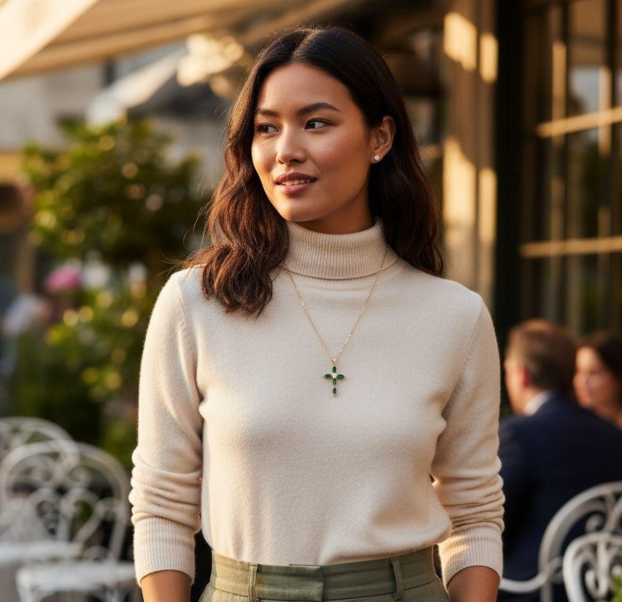 COLLIER EN ACIER DORE PENDENTIF CROIX ÉMERAUDE AVEC ZIRCONIUM