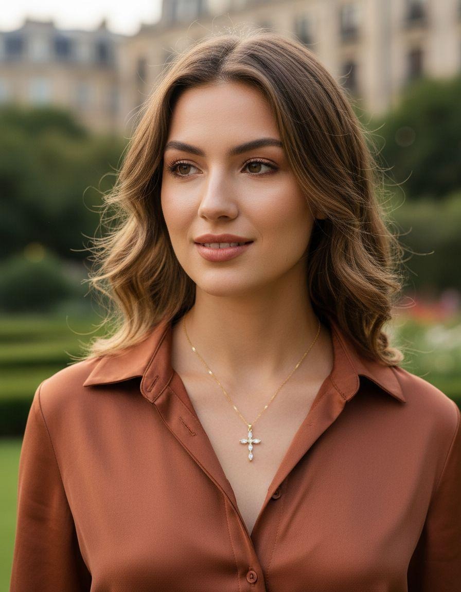 COLLIER EN ACIER DORE PENDENTIF CROIX AVEC ZIRCONIUM