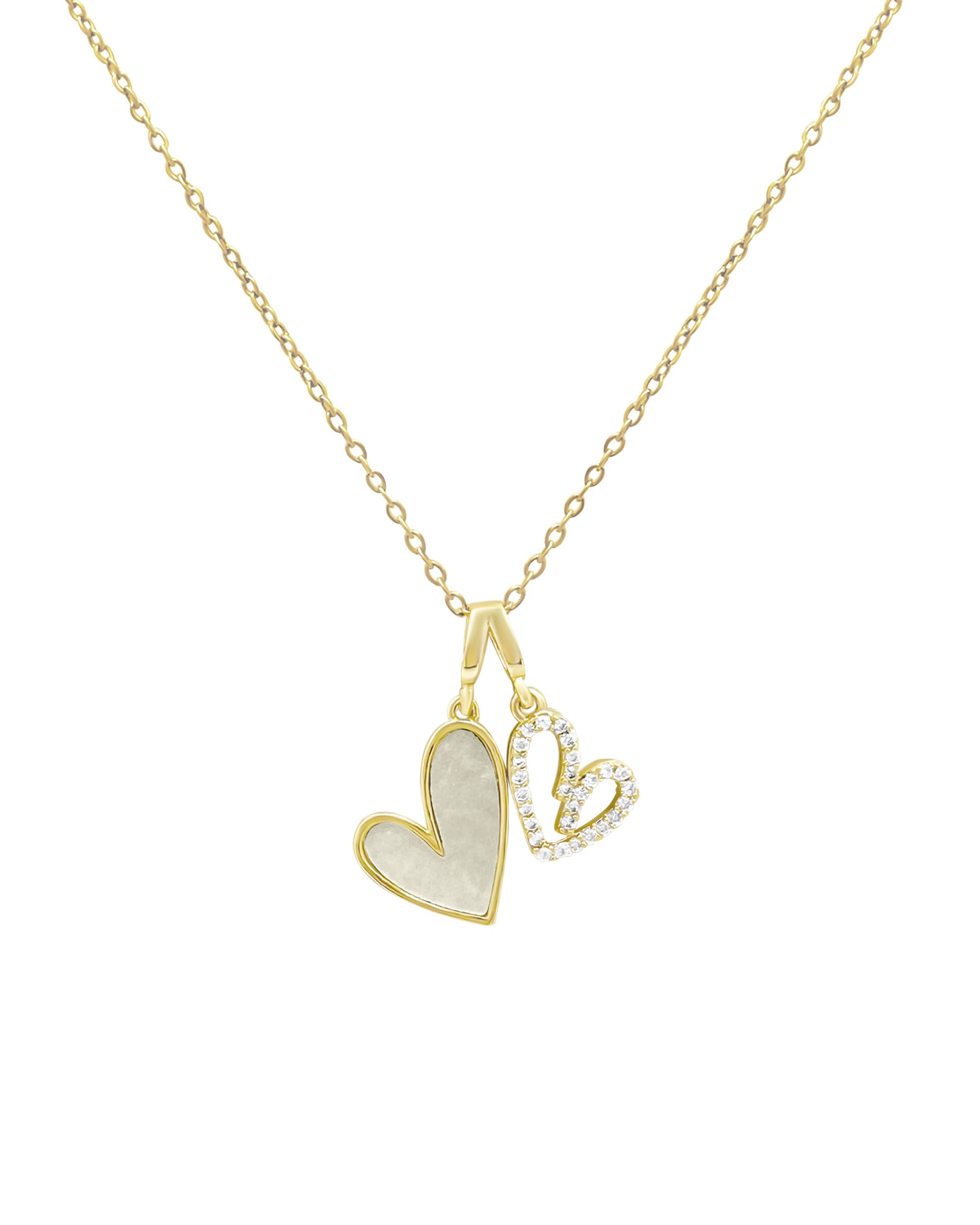 COLLIER EN ACIER DORÉ PENDENTIF DOUBLE COEUR NACRE ET ZIRCONIUM