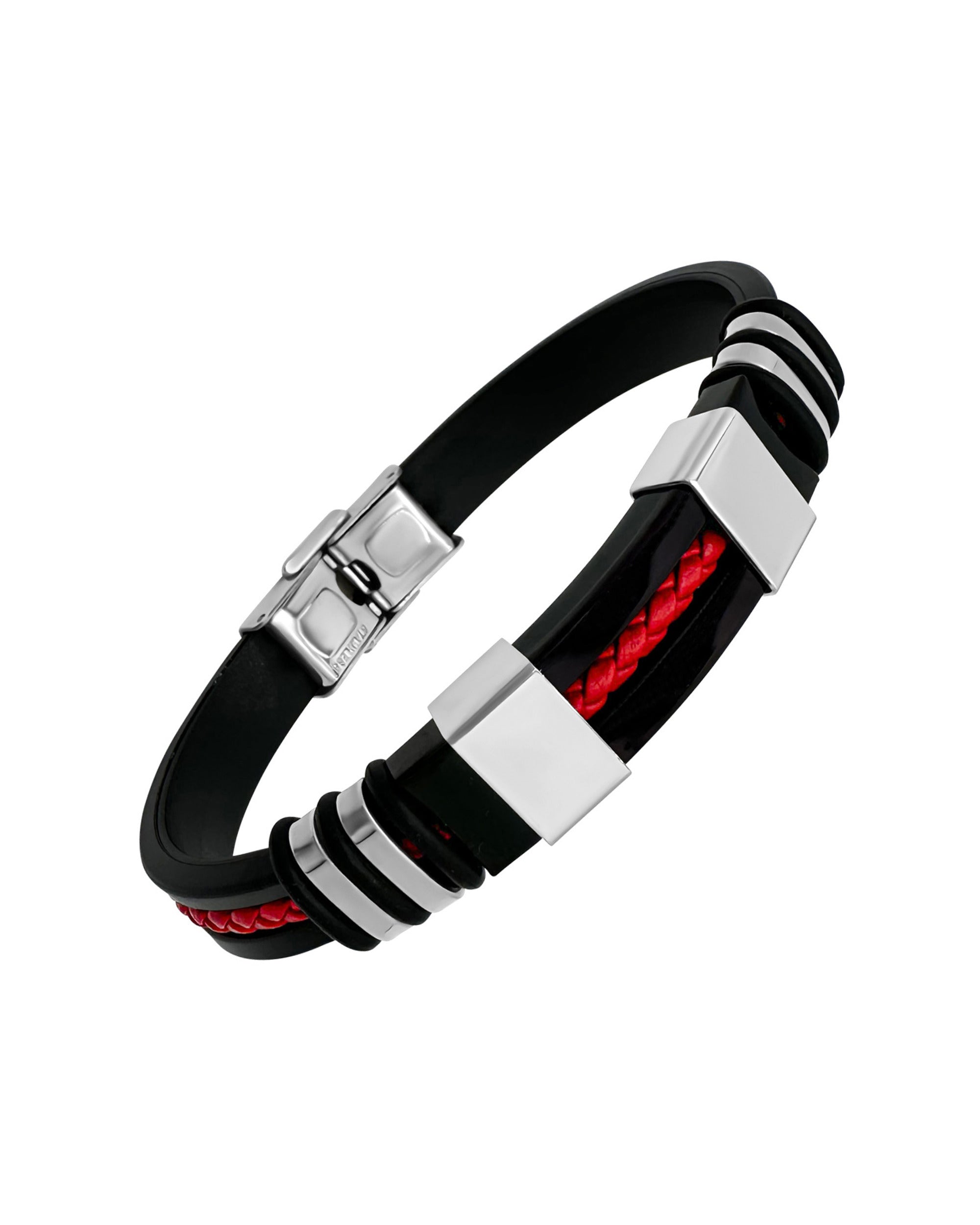 BRACELET EN CAOUTCHOUC ET ACIER AVEC CORDAGE ROUGE