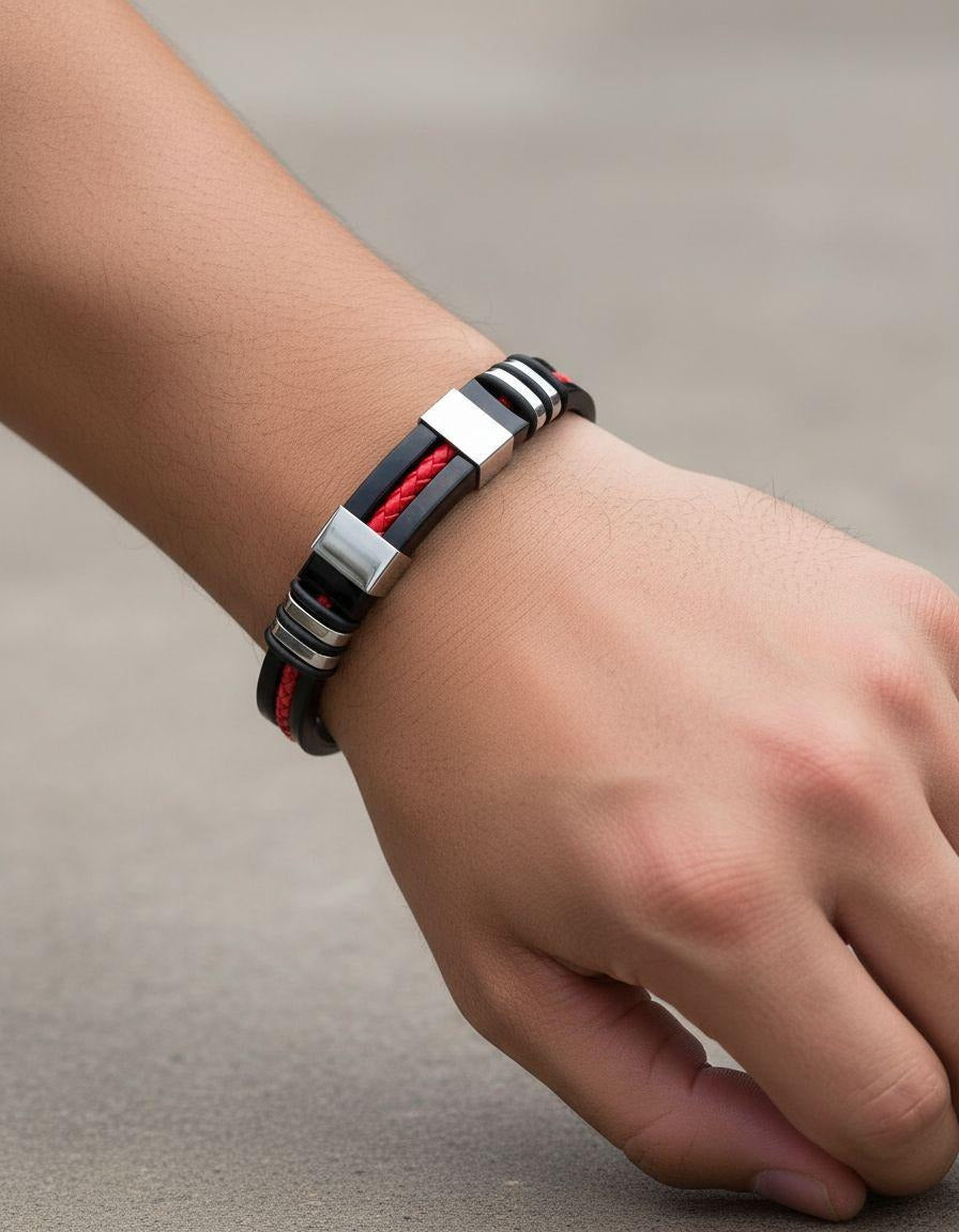 BRACELET EN CAOUTCHOUC ET ACIER AVEC CORDAGE ROUGE