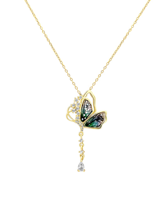 Collier en acier doré papillon arc en ciel avec strass et pendentif zirconium