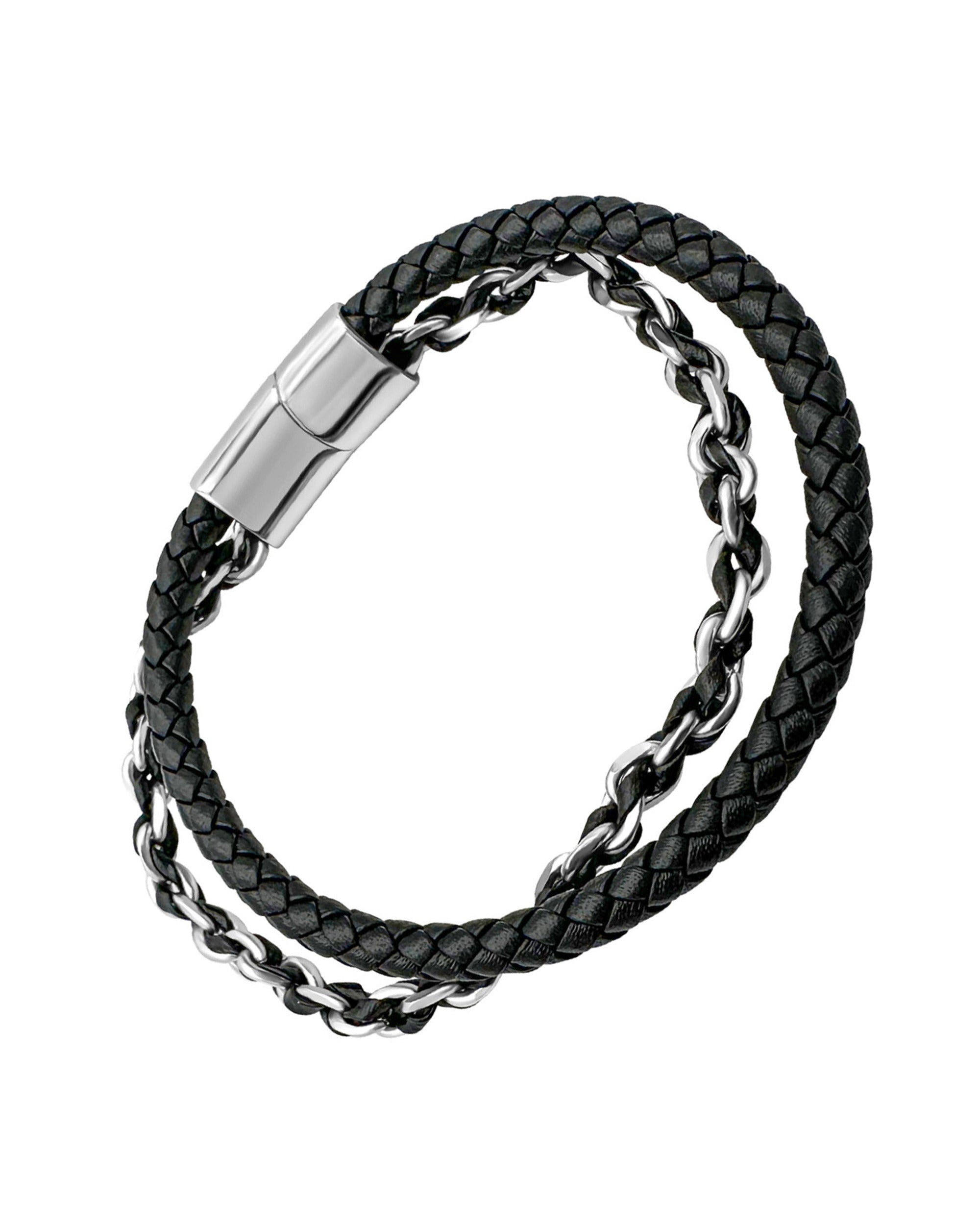 BRACELET EN ACIER ET CUIR 2 RANGS MAILLE TRESSÉE