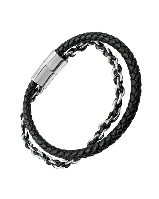 Armband van staal en leder, 2 rijen, gevlochten mesh