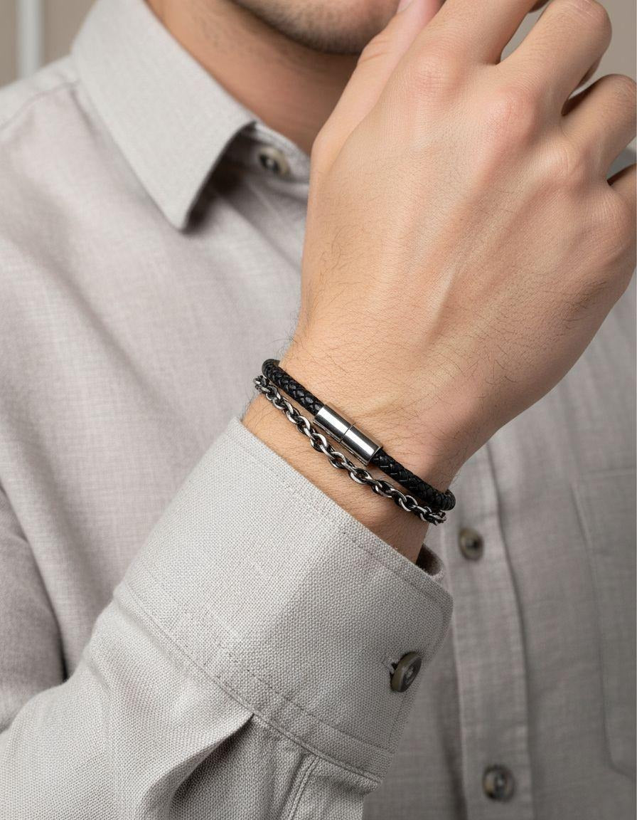 BRACELET EN ACIER ET CUIR 2 RANGS MAILLE TRESSÉE