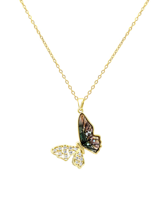 Collier en acier doré papillon avec ailes arc en ciel et zirconium