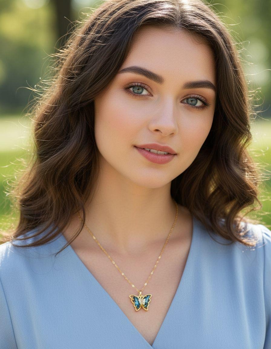 COLLIER EN ACIER DORE PAPILLON AIGUE-MARIN  AVEC PIERRES