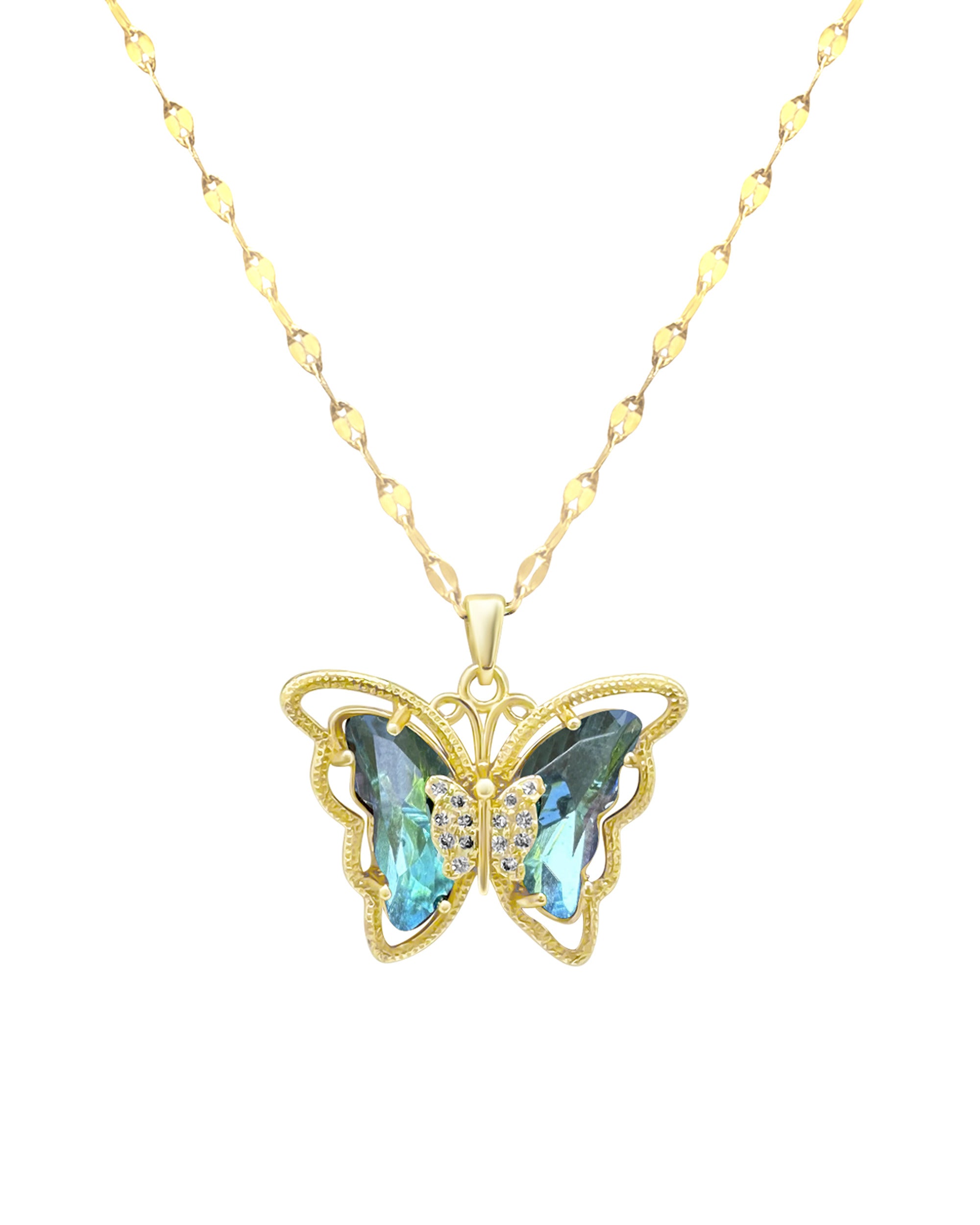 COLLIER EN ACIER DORE PAPILLON AIGUE-MARIN  AVEC PIERRES