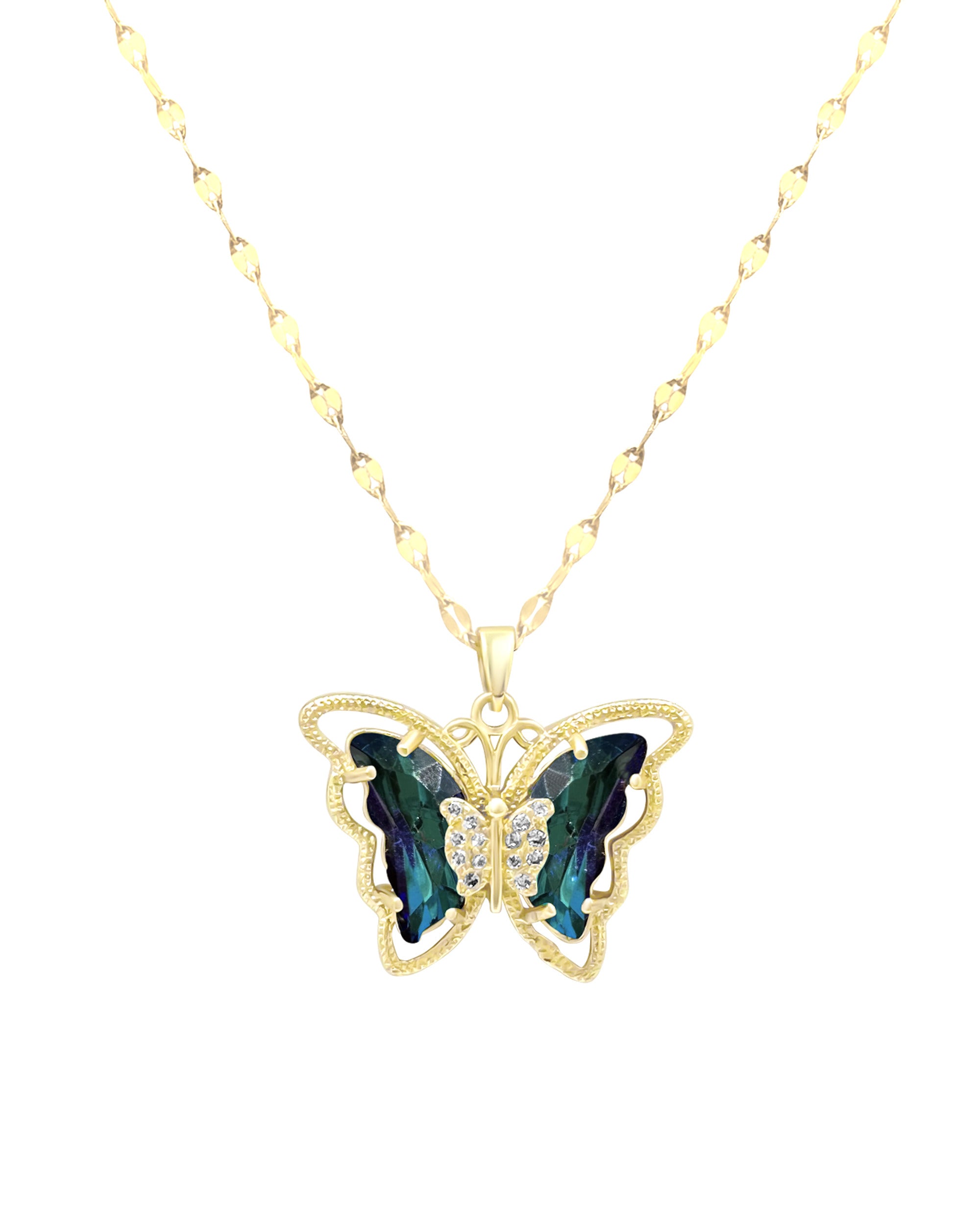 COLLIER EN ACIER DORE PAPILLON SAPHIR AVEC PIERRES
