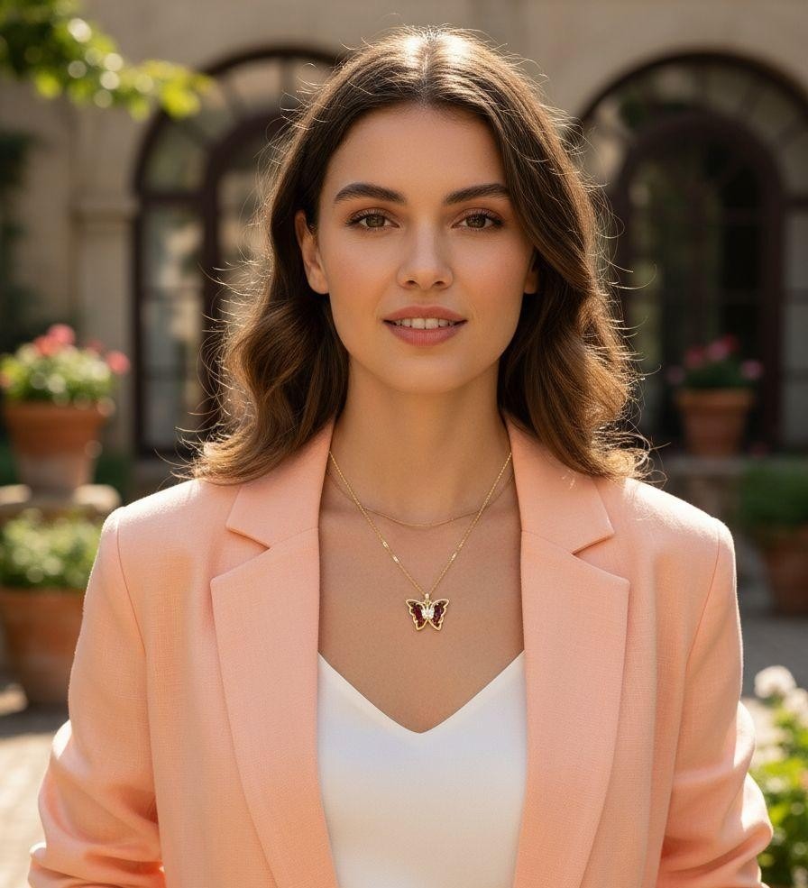 COLLIER EN ACIER DORE PAPILLON RUBIS AVEC PIERRES