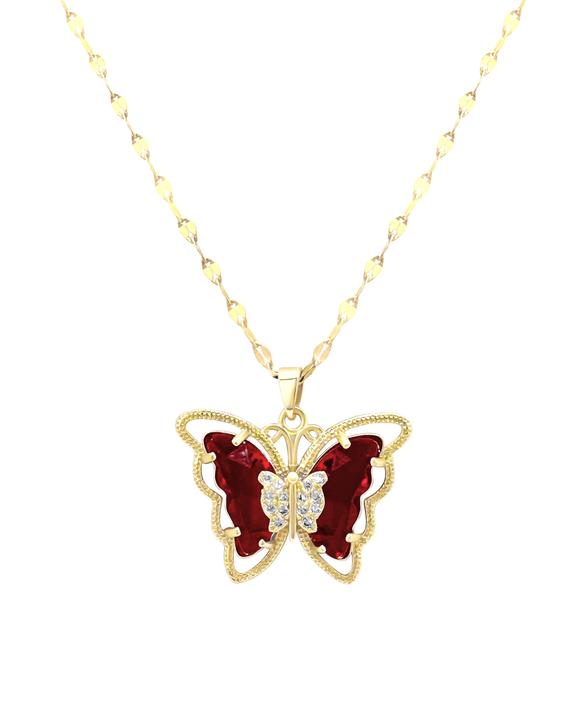 COLLIER EN ACIER DORE PAPILLON RUBIS AVEC PIERRES