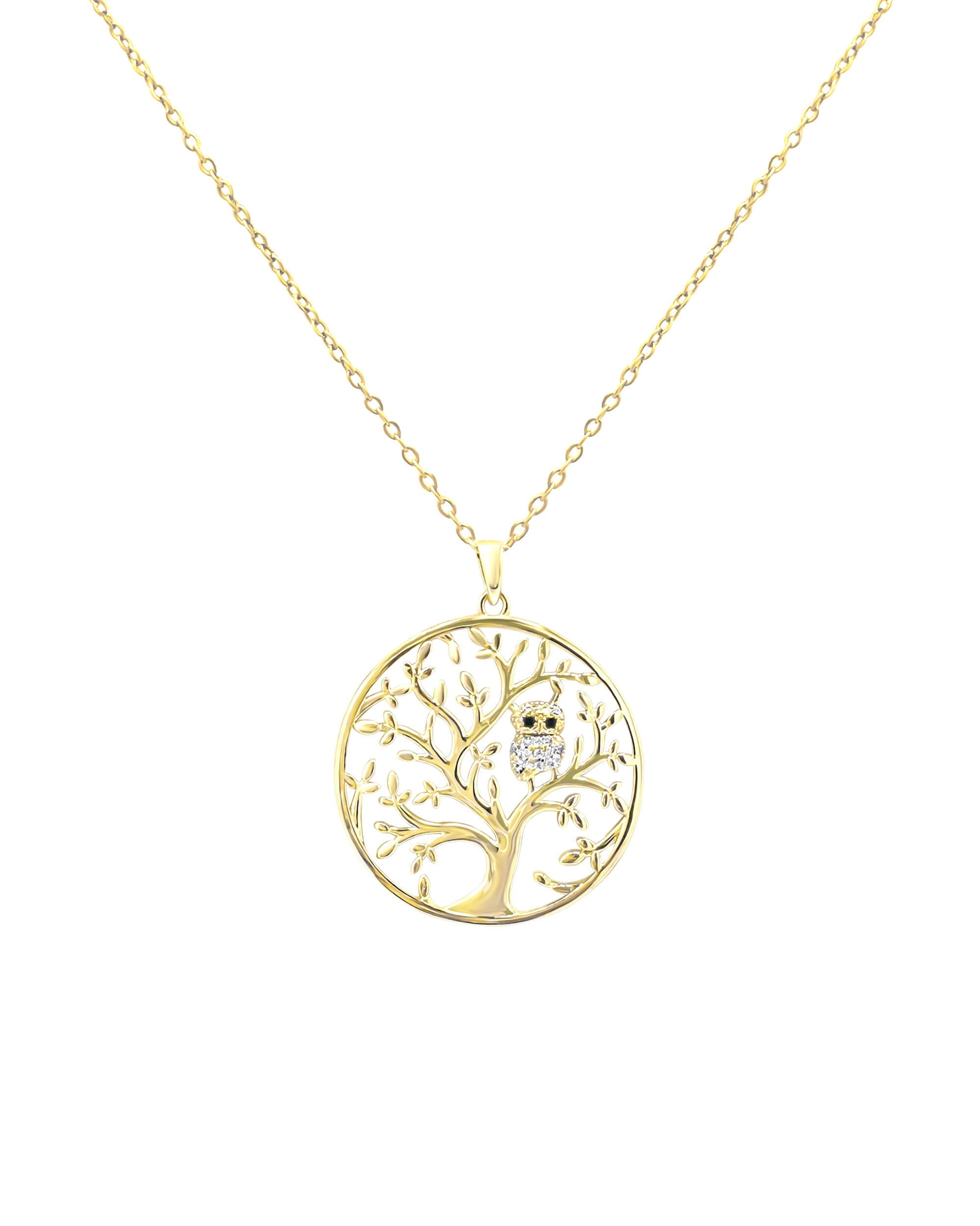 COLLIER EN PLAQUE OR  "ARBRE DE VIE" AVEC HIBOU EN ZIRCONIUM