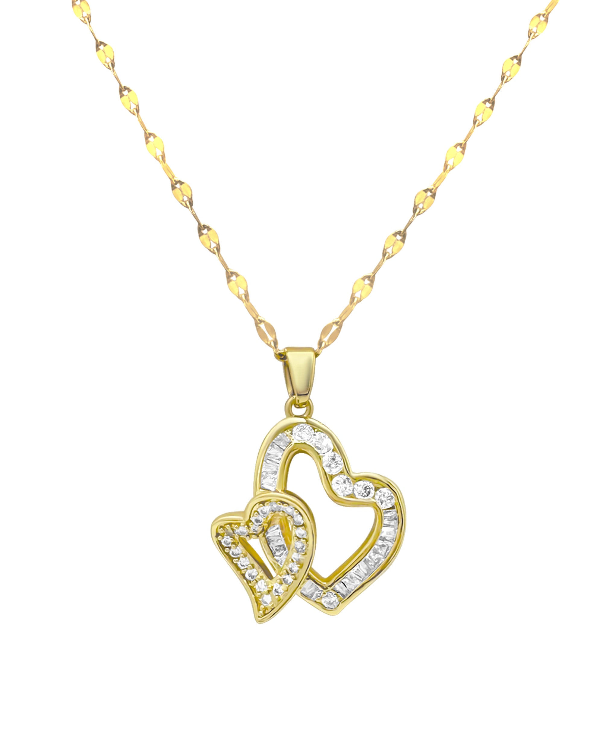 COLLIER EN ACIER DORE DOUBLE COEUR AVEC ZIRCONIUM