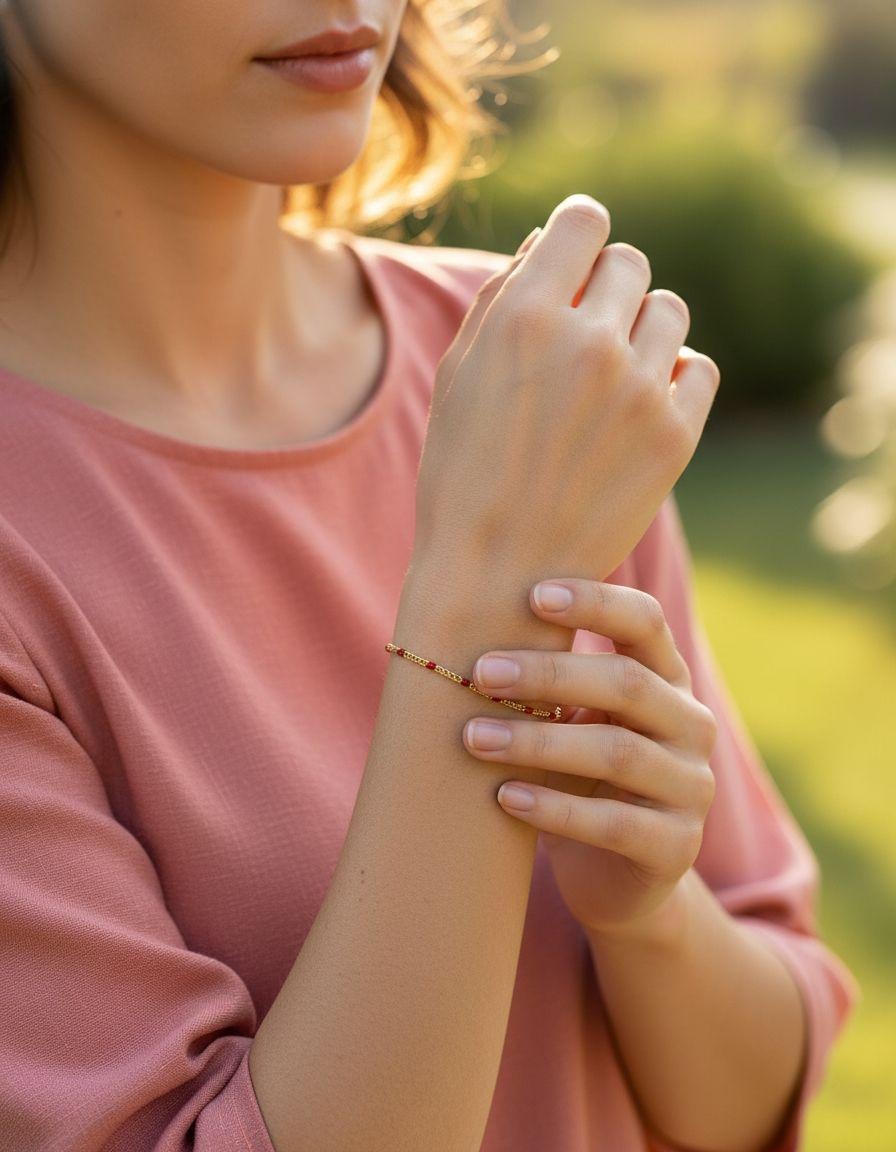 BRACELET EN ACIER DORE  AVEC BILLES ROUGES