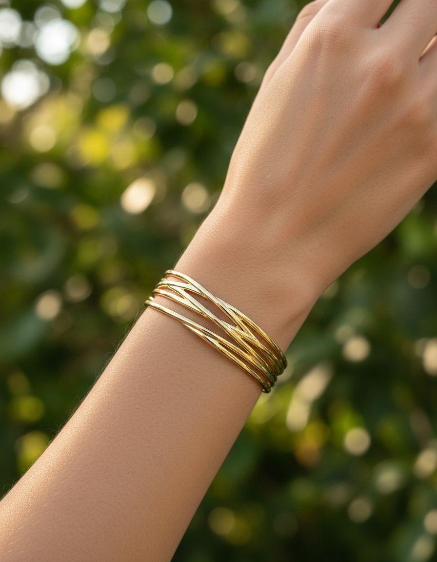 BRACELET EN ACIER DORE RIGIDE AVEC LIGNES ENTRELACES