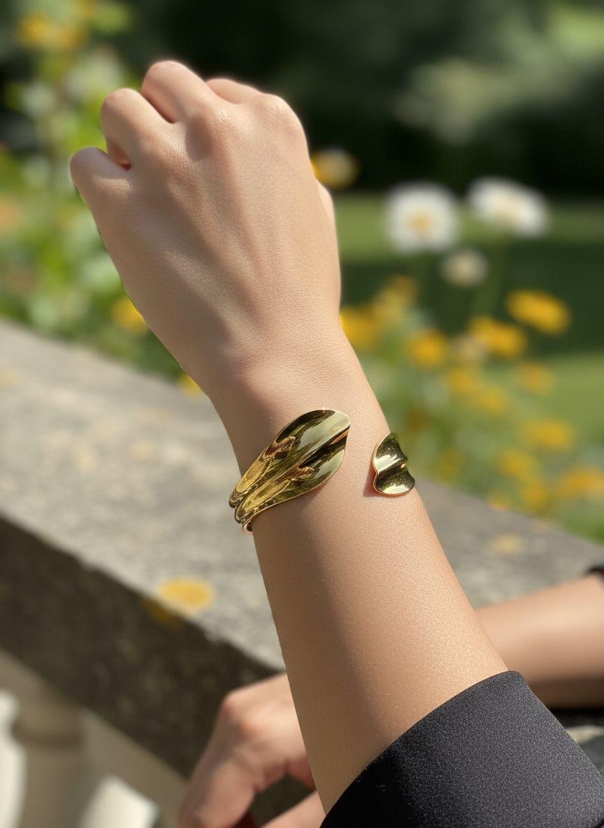 BRACELET EN ACIER DORE RIGIDE PETALE