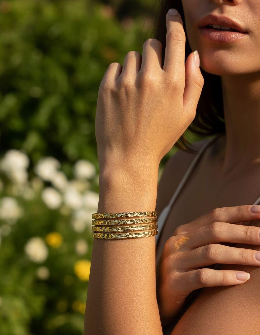 BRACELET EN ACIER DORE RIGIDE AVEC LIGNES MARTELES