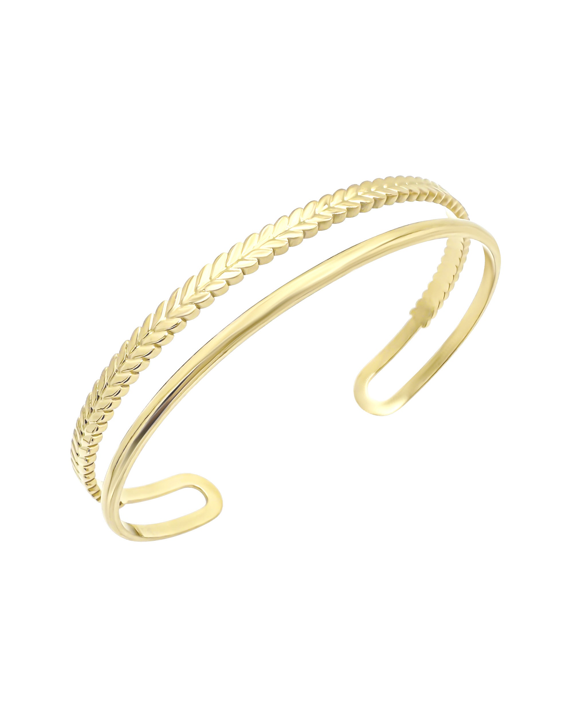 BRACELET EN ACIER DORE RIGIDE DOUBLE LIGNES LISSES ET FEUILLES