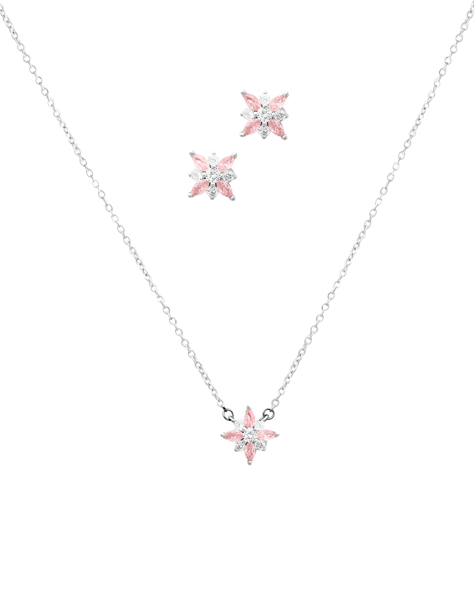 PARURE EN ARGENT MOTIF FLEUR AVEC ZIRCONIUM BLANCS ET ROSES