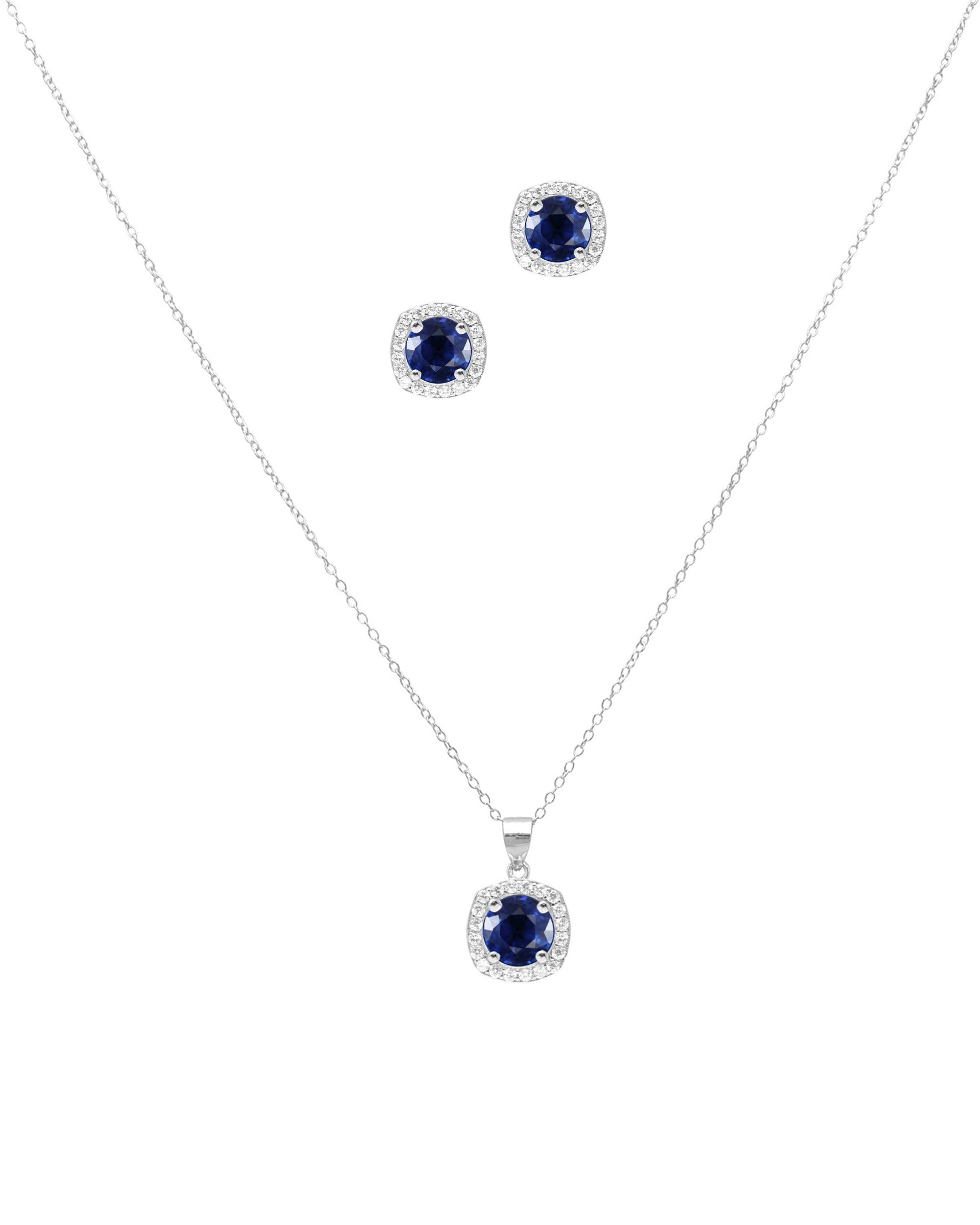 PARURE EN ARGENT PENDENTIF CARRE AVEC SOLITAIRE SAPHIR ET ZIRCONIUM