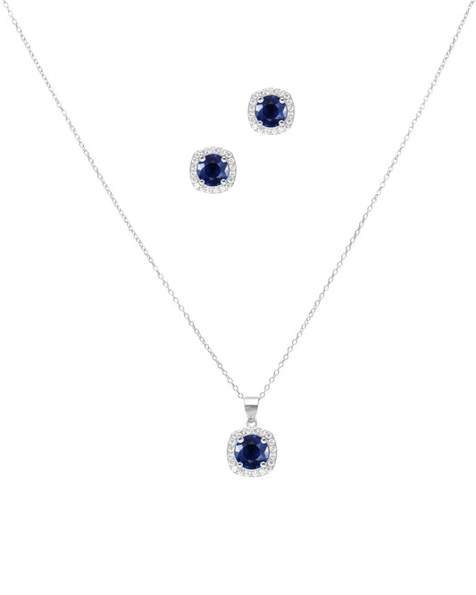 Parure en argent pendentif carré avec solitaire saphir et zirconium