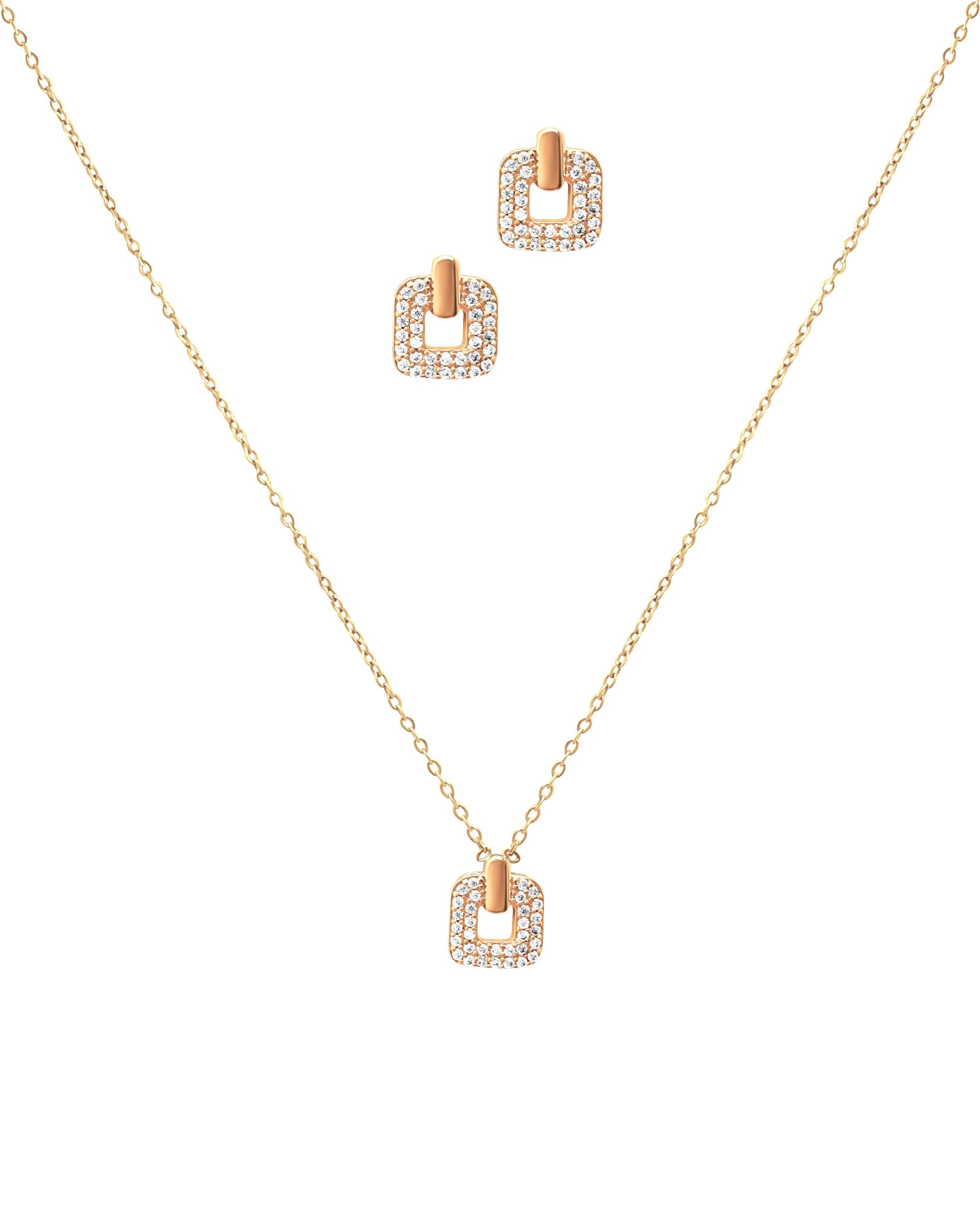 PARURE EN PLAQUE OR PENDENTIF CARRE AVEC ZIRCONIUM