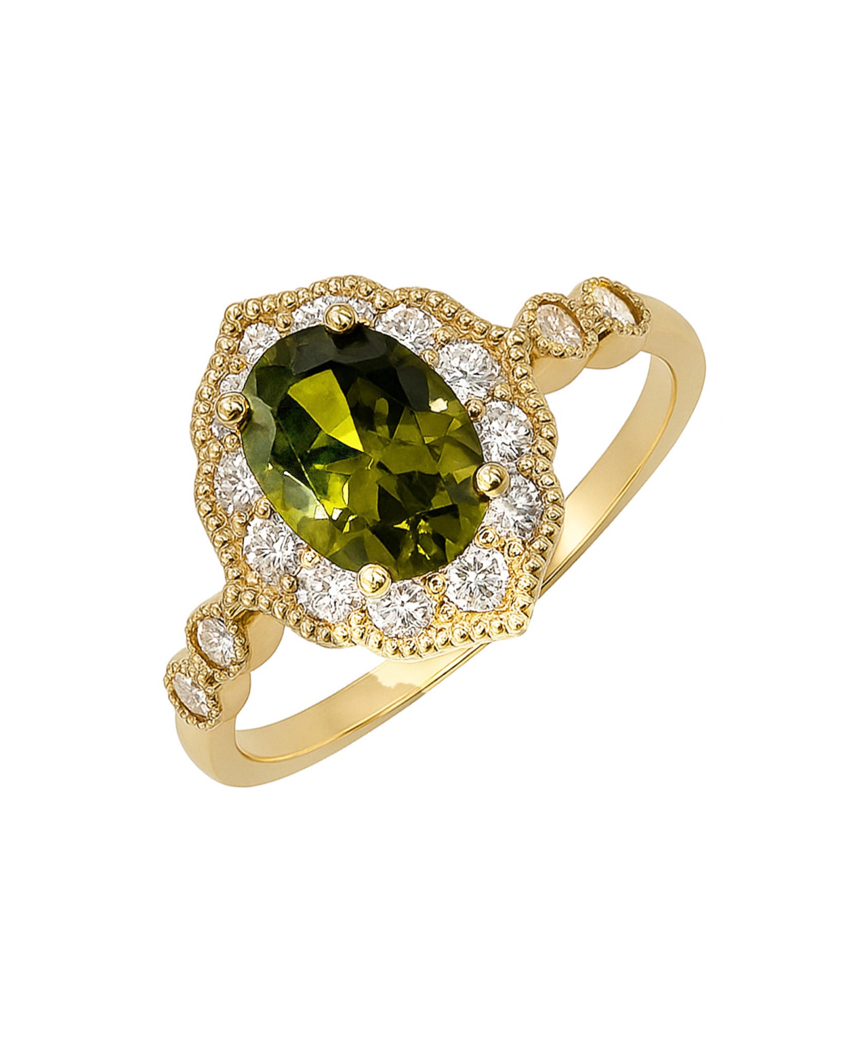 BAGUE EN PLAQUE OR AVEC ZIRCONIUM ET SOLITAIRE OLIVINE