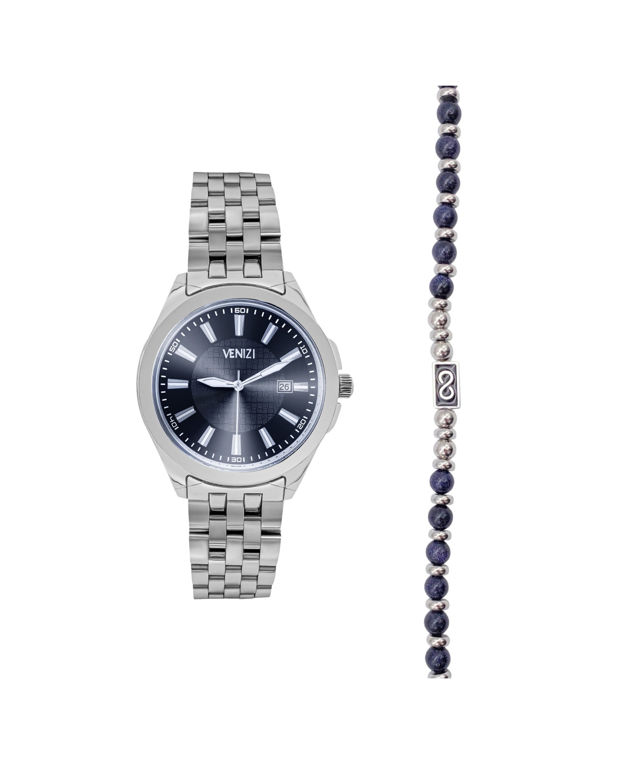 MONTRE VENIZI ARGENTÉ CADRAN BLEU NUIT  AVEC BRACELET ACIER PIERRES AGATES BLEUES ET MOTIF INFINI